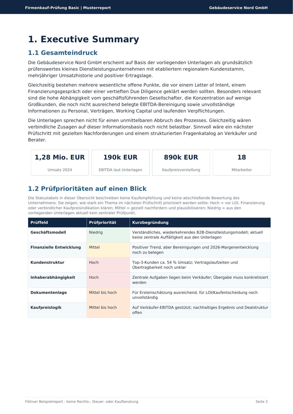 Musterreport Seite 3 – Executive Summary und Deal Snapshot