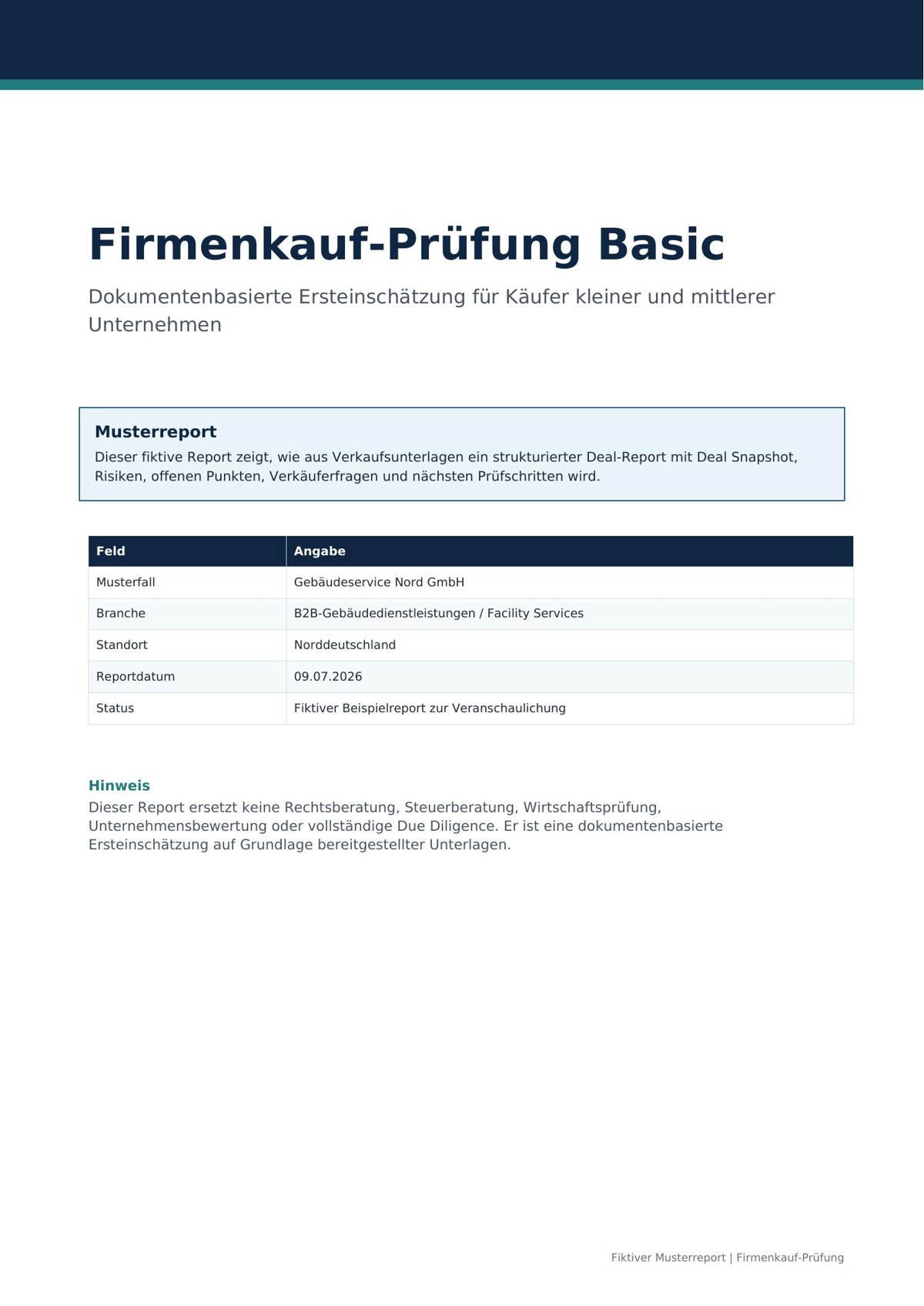 Musterreport Seite 1 – Deckblatt der Firmenkauf-Prüfung mit Deal-Übersicht